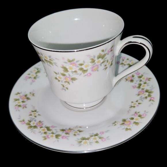 Treasure Chest Lenore No. 7001 Cup & Saucer Set Pink White Flowers Silver Trim - Picture 1 of 9